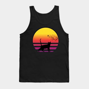 Cute Cat Watching Bird On Tree Vintage Retro Sunset Tank Top